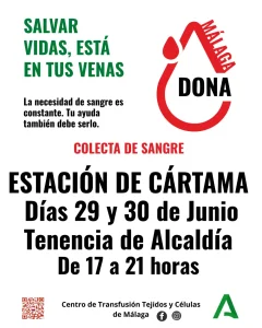 Cartel de la colecta de sangre en la Tenencia de Alcaldía de Estación de Cártama los días 29 y 30 de junio de 2026