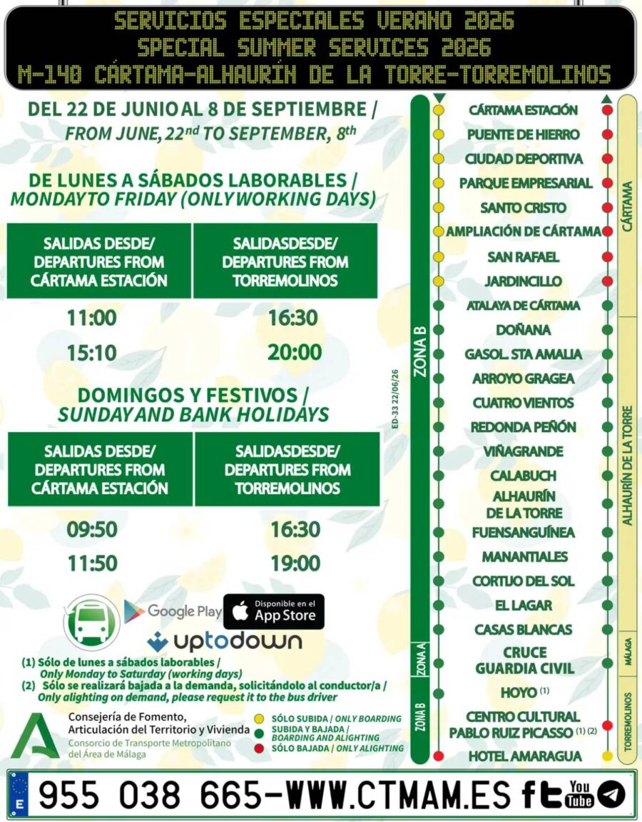 Autobús del Consorcio de Transporte Metropolitano del Área de Málaga, que opera las líneas especiales de verano hacia la playa