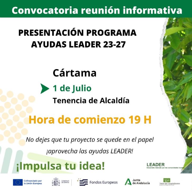 Cartel de la charla informativa del GDR Valle del Guadalhorce sobre el programa de ayudas Leader 2023-2027 en Cártama