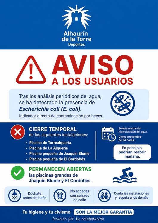 Piscina municipal de Alhaurín de la Torre cerrada temporalmente tras detectarse E. coli en el agua