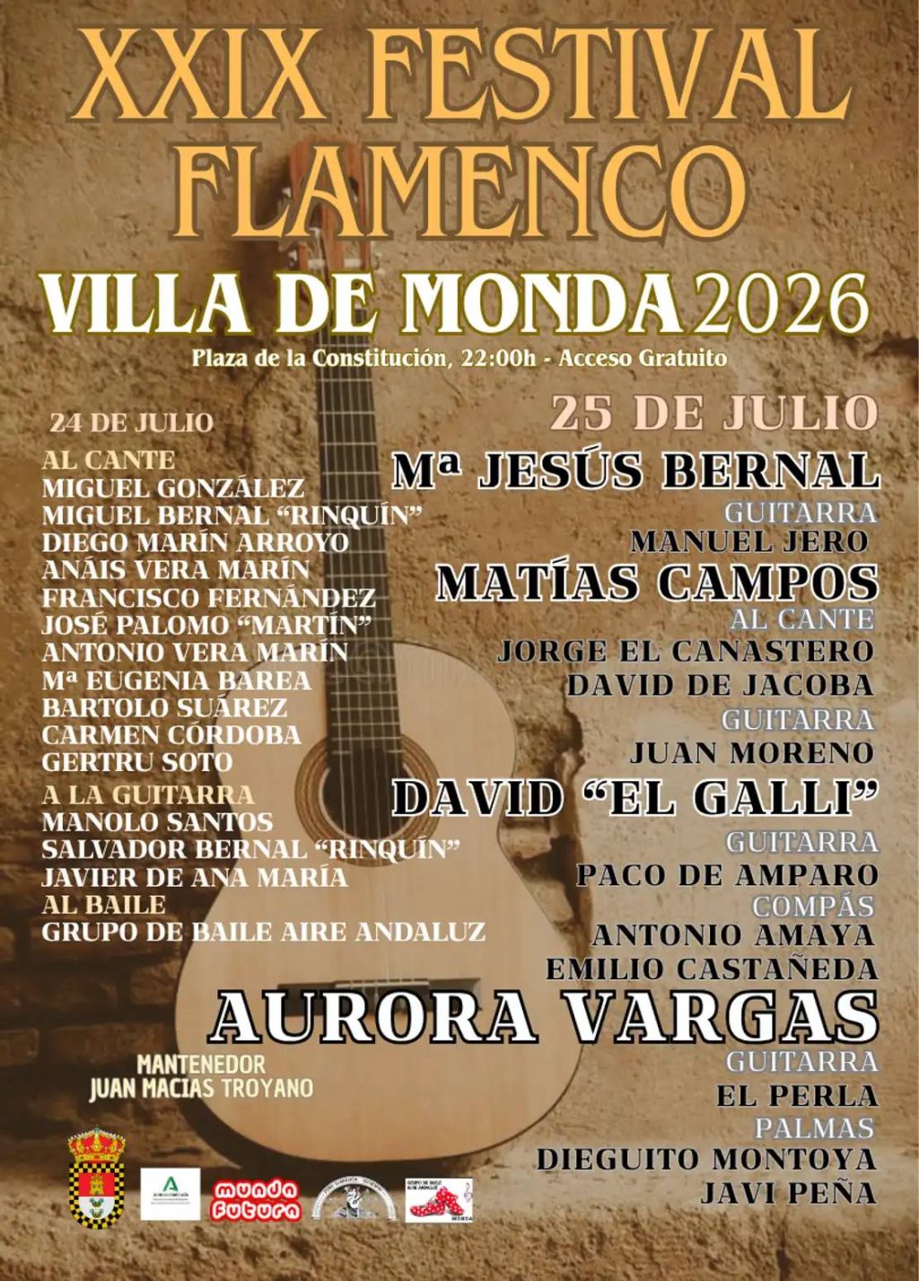 Cartel del Festival Flamenco Villa de Monda 2026, con Aurora Vargas como artista principal