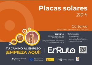Cartel del curso de placas solares del proyecto EnRuta en Cártama, con inscripciones abiertas hasta el 22 de julio de 2026