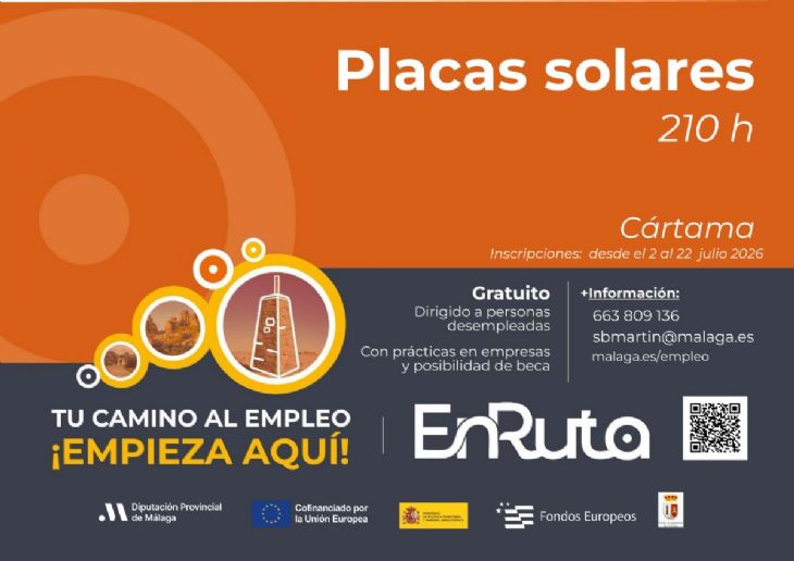 Cartel del curso de placas solares del proyecto EnRuta en Cártama, con inscripciones abiertas hasta el 22 de julio de 2026