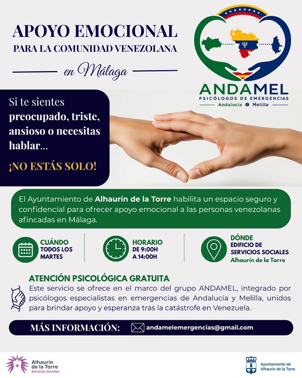 Cartel del servicio gratuito de apoyo psicológico para la comunidad venezolana en Alhaurín de la Torre
