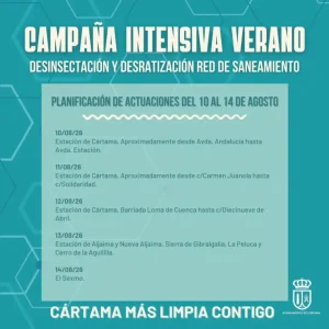 Cartel oficial de la campaña intensiva de verano de desinsectación y desratización en Cártama, del 10 al 14 de agosto de 2026