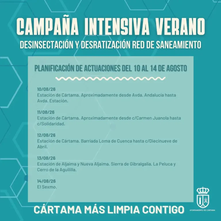 Cartel oficial de la campaña intensiva de verano de desinsectación y desratización en Cártama, del 10 al 14 de agosto de 2026