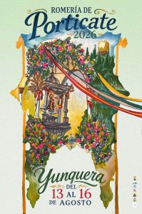 Cartel de la Romería de Porticate 2026 en Yunquera, obra de Milagros Doña Flores, con la Virgen Chiquita del Carmen sobre su carreta blanca, el Simpecado y la Torre Vigía