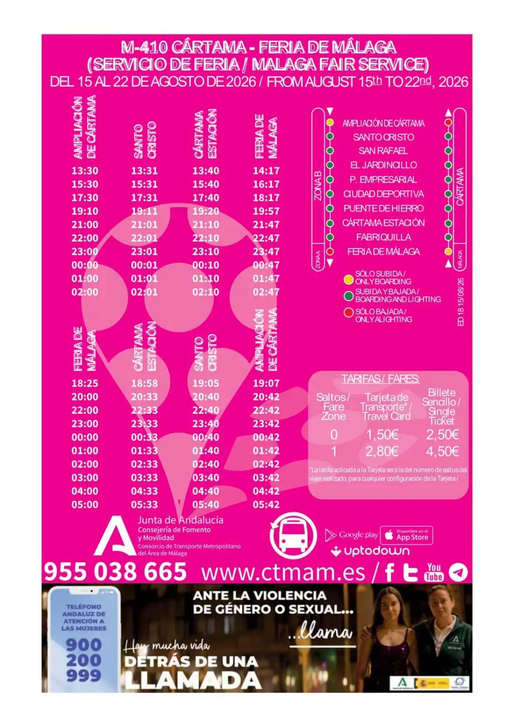Horarios y paradas del servicio especial de autobús M-410 entre Cártama y la Feria de Málaga 2026