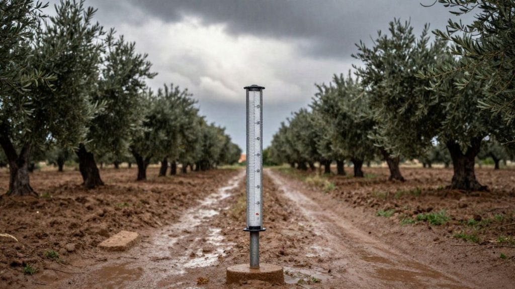 Pluviómetro en campo andaluz mojado tras la lluvia, con olivos al fondo y cielo encapotado