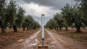 Pluviómetro en campo andaluz mojado tras la lluvia, con olivos al fondo y cielo encapotado