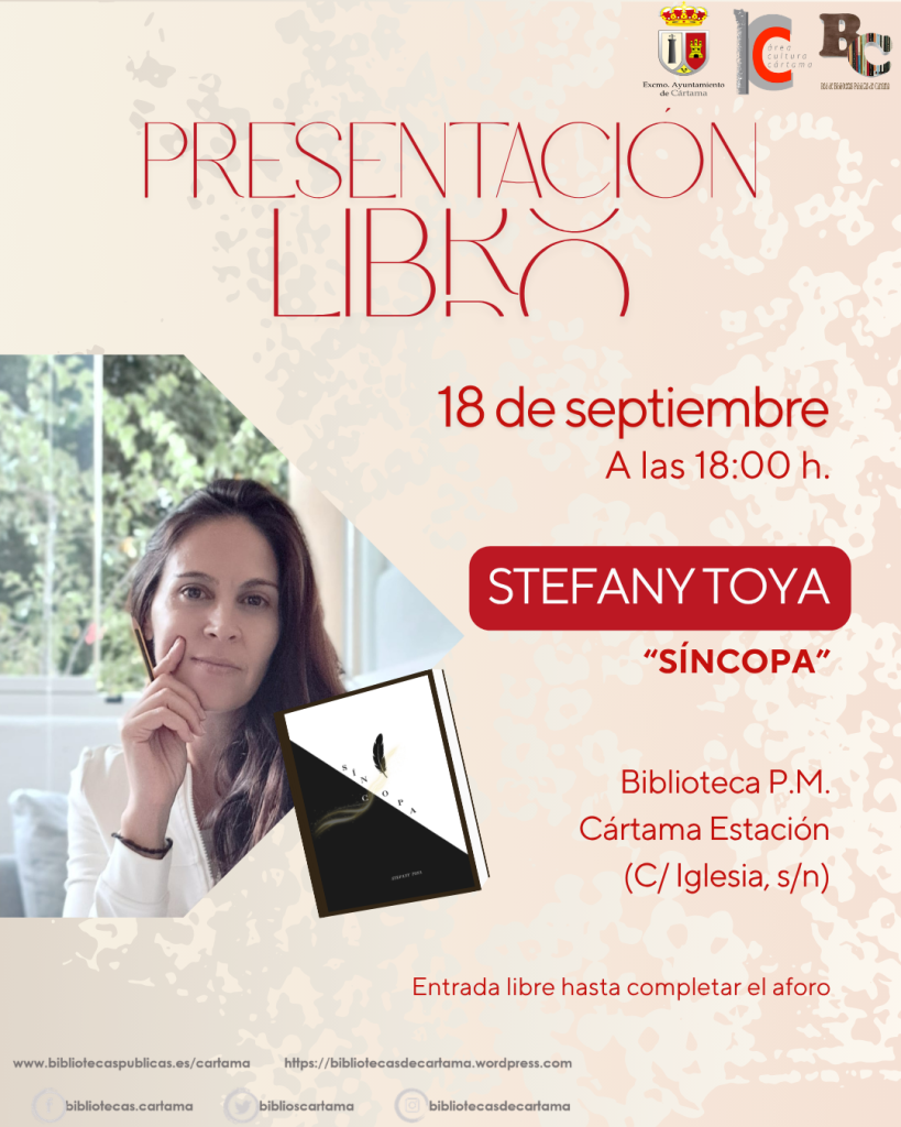 Cartel de la presentación del poemario Síncopa de Stefany Toya en las Bibliotecas de Cártama