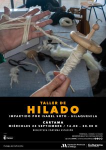 Cartel del Taller de Hilado Hilaquehila en la Biblioteca de Cártama Estación, 23 de septiembre de 2026