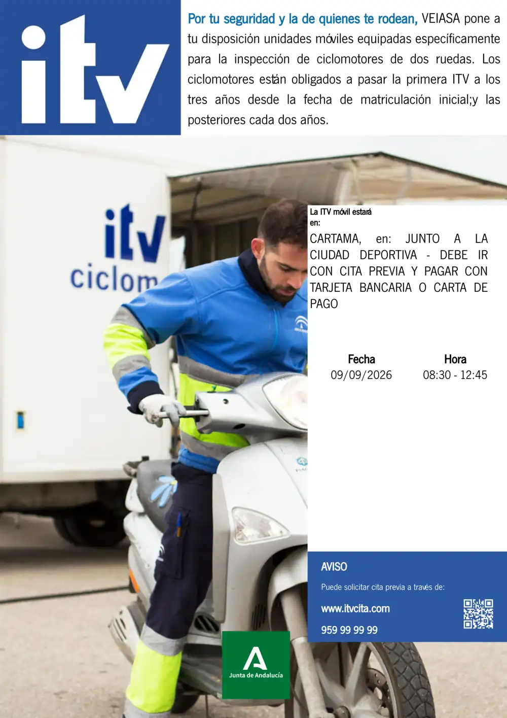 Cartel informativo de la ITV móvil de ciclomotores en Cártama el 9 de septiembre de 2026
