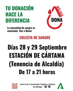 Cartel informativo de la colecta de sangre en Estación de Cártama los días 28 y 29 de septiembre de 2026