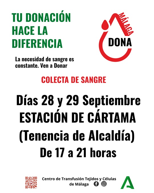 Cartel informativo de la colecta de sangre en Estación de Cártama los días 28 y 29 de septiembre de 2026