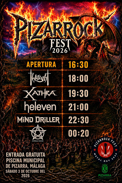 Cartel con horarios del Pizarrock Fest 2026 en Pizarra