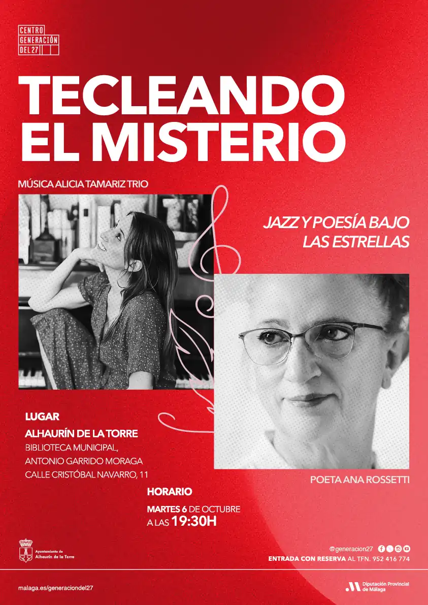 Cartel del ciclo Tecleando el Misterio con Ana Rossetti y Alicia Tamariz en la Biblioteca de Alhaurín de la Torre