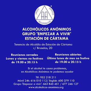 Cartel con los horarios del grupo Empezar a vivir de Alcohólicos Anónimos en la Tenencia de Alcaldía de Estación de Cártama