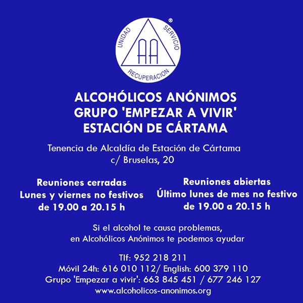 Cartel con los horarios del grupo Empezar a vivir de Alcohólicos Anónimos en la Tenencia de Alcaldía de Estación de Cártama