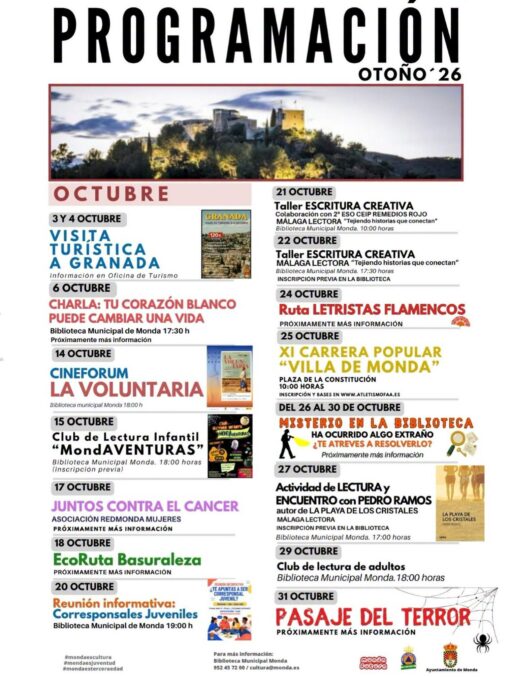 Cartel de la programación cultural y deportiva de octubre 2026 del Ayuntamiento de Monda