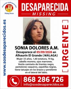 Cartel de búsqueda de Sonia Dolores A.M., desaparecida en Alhaurín el Grande el 5 de septiembre de 2026