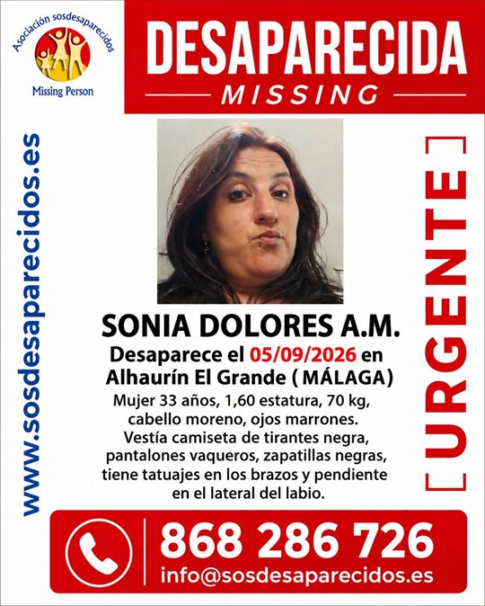 Cartel de búsqueda de Sonia Dolores A.M., desaparecida en Alhaurín el Grande el 5 de septiembre de 2026
